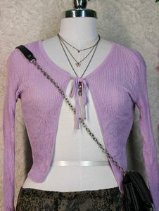 Lavender Tie-Front Ribbed Cardigan