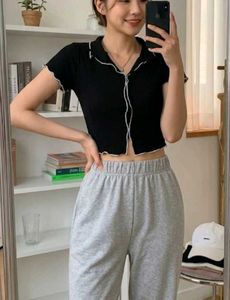 Black Korean Collared Crop Top