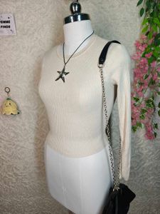 Zara Cream Ribbed Long Sleeve Top