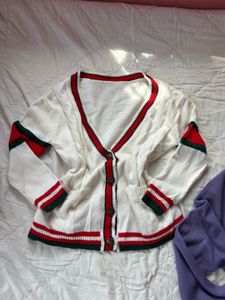 Chic White Cardigan with Red Trim