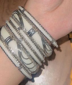 Agra White &amp; Silver Bangles Set