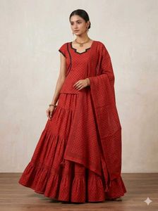 Red Block Print Lehenga Choli Set