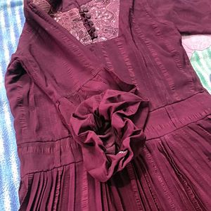 Elegant Pleated Wine Colored frock