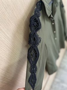 olive green formal  shirt  stylish net on sleeve