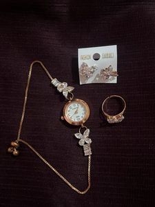 Elegant Women's Watch, Ring & Earrings Set