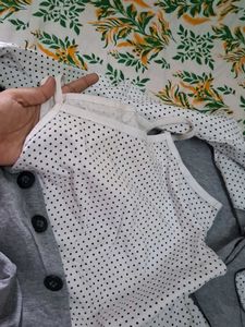 Gray Double-Breasted Blazer with Polka Dot Accents