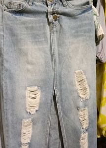 Distressed Light Wash Denim Midi Skirt