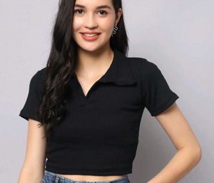 Ribbed Black Cropped Polo Top