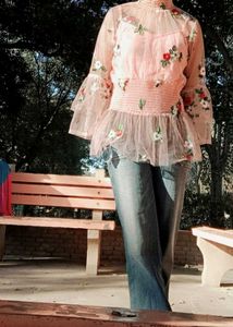 floral hand embroidered peach waist snatched top