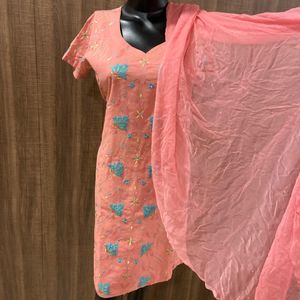 Pure Embroidered Kurta With Dupatta