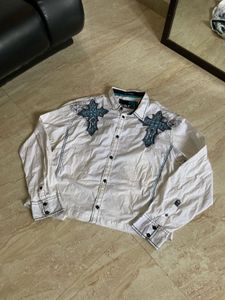 Men's White Embroidered Button-Up Shirt