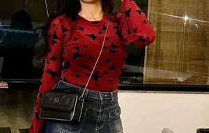 Red Butterfly printed bell Sleeves sheer Top