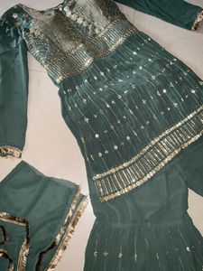Emerald Green Sharara Set With Sequinned Kurti