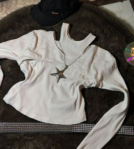 Cream Ribbed Cut-out Long Sleeve Top