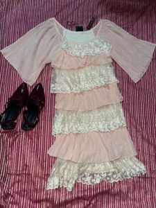 Peach &amp; White Layered Lace Dress