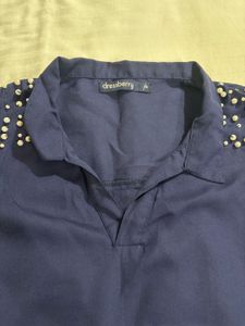 Women’s Navy Blue Embellished Shoulder Top