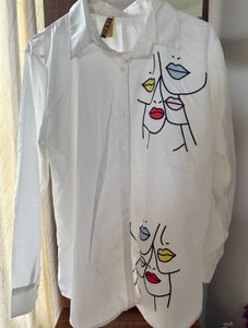 White Graphic Print Button-Up Shirt