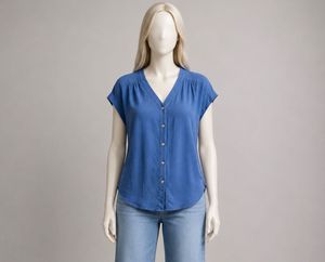Blue V-Neck Button-Up Blouse