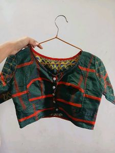 Dark Green &amp; Red Checkered Embroidered Silk Blouse
