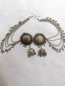 Oxidized Silver Jhumka Earrings &amp; Head Chain