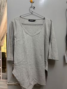 Grey Ribbed V-Neck Top