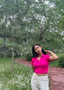 Hot Pink Ribbed Cropped Polo Shirt