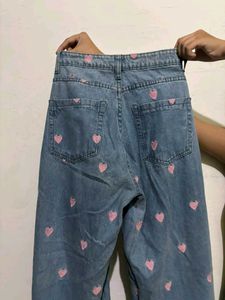 Heart Embroidered Wide Leg Jeans