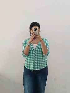 Green Gingham Button-Up Shirt