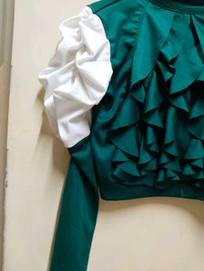 Emerald Green Ruffle Top with Puff Sleeves