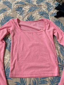 Pink Ribbed Square Neck Crop Top