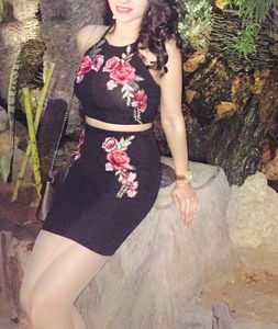Black Floral Patch Crop Top & Skirt Set