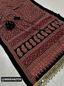 Mirror Work Ajrakh Embroidered Saree