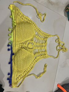 Crocheted Yellow Bikini Top with Pom Poms