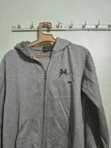 Grey Zip-Up Hoodie with Drawstring Hood