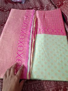 Elegant Banarsi Silk Saree with Pink Border