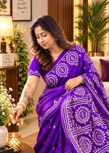 Purple Silk Saree with White Gujarati Stitch
