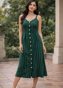 Women’s Green Pinstripe V-Neck Midi Dress