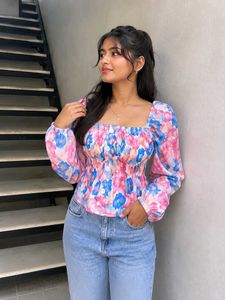 Floral Print Smocked Square Neck Top