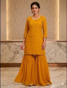 Yellow Embroidered Kurta with Sharara