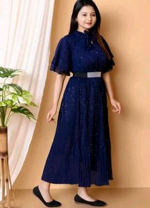 Elegant Navy Pleated Midi Dress