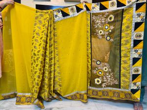 Vibrant Yellow Floral Print Saree