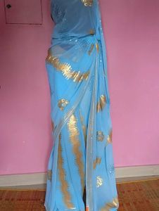 New Light Blue Party Wear Saree With Blouse Piece