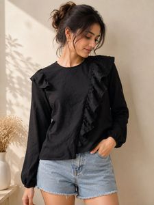 Black Ruffle Detail Long Sleeve Top