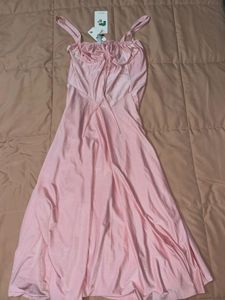 Pink Squared Neck Flared Midi Dress