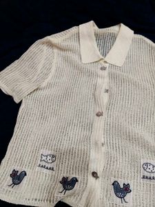 Sheer White Top with Fish Applique