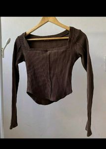 Brown Ribbed Square Neck Long Sleeve Top