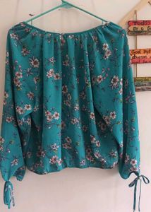 Teal Floral Print V-Neck Blouse