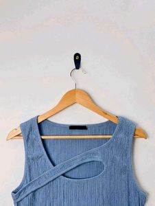 Stylish Blue Crinkle Cut-Out Tank Top