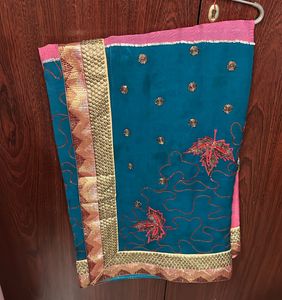 Teal & Pink Embellished Saree