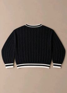 BLACK CABLE-KNIT VARSITY V-NECK SWEATER